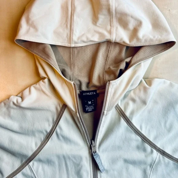 Athleta Women's Cream and Brown Full Zip Sweatshirt Jacket with Hood - Picture 4 of 10